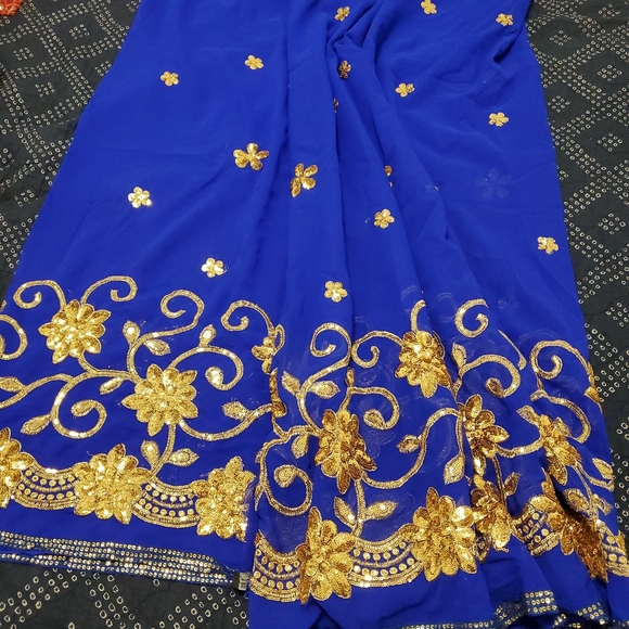 Royal Blue Gold Saree Sequin bridal wedding sari gold - Picture 4 of 5